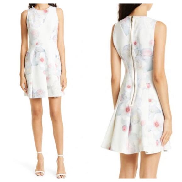 Ted Baker Puxie Floral Print Neoprene Skater Dress in Natural - Picture 1 of 16